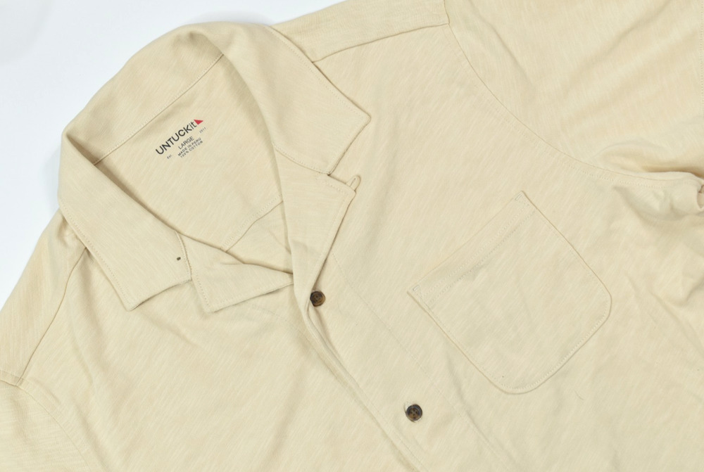 UNTUCKit Sapori Camp Collar Shirt Mens Large Tan Button-Up Short Sleeve Cotton